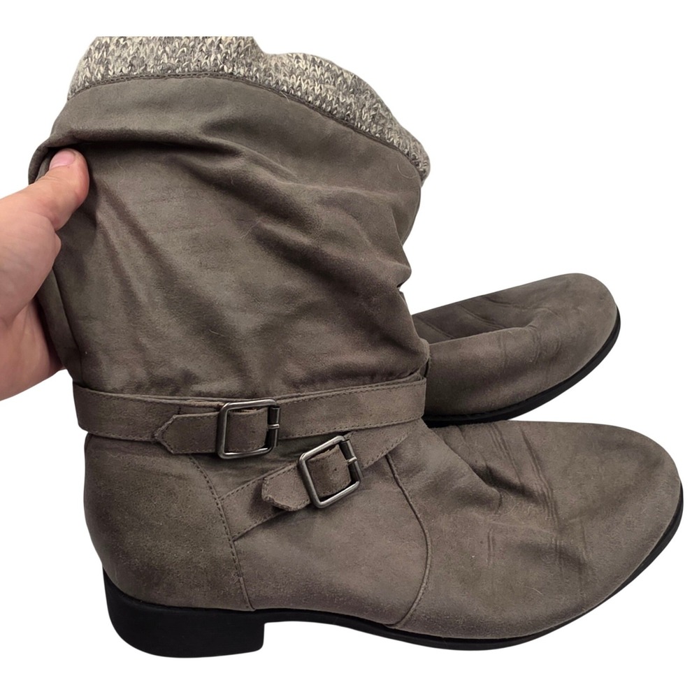 Torrid Taupe Grey Faux Suede Slouchy Buckle Boots with Knit Sweater Cuff Trim T3
